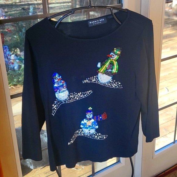 Robbie Bee Knitwear Black Sequins Winter Snowman Slinky Cocktail Sz M Top - Picture 1 of 7